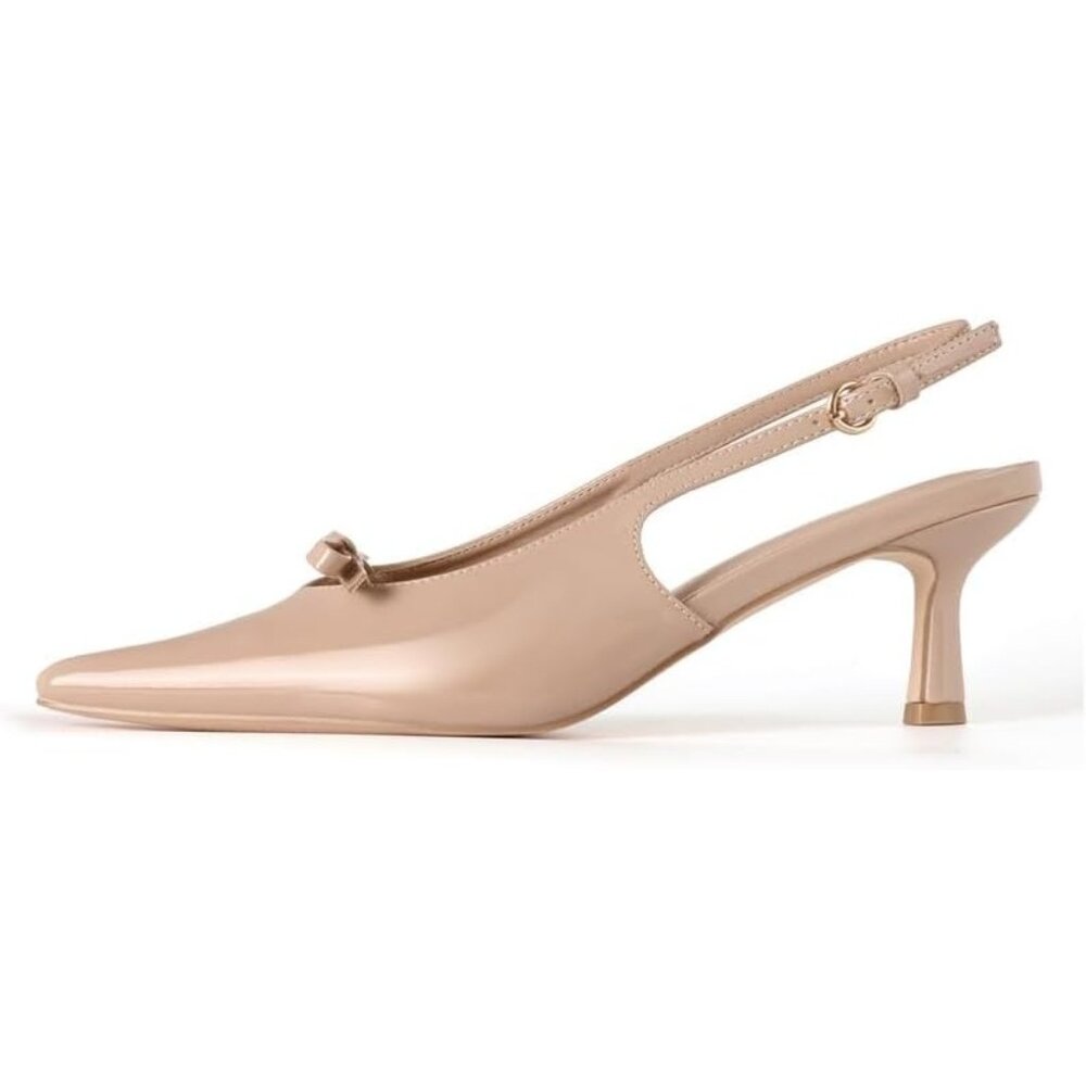 Women's Beige Patent Kitten Heels With Bow Pointed Close Toe Pumps Dress Party